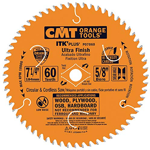 CMT P07060 ITK Plus Ultra Finish Saw Blade with 7-1/4 x 60 Teeth, 10-Degree ATB Shear and 5/8-Inch Bore