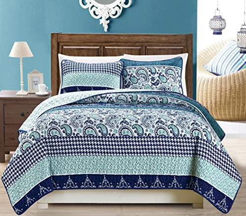 Grand Linen 3-Piece Fine Printed Oversize (100 X 95) Quilt Set Reversible Bedspread Coverlet Full/Queen Size Bed Cover (Navy Blue Paisley)