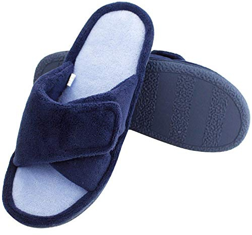 Magtoe Women's Open-Toe Slippers Summer Adjustable Hook and Loop Closure Slipper Home Slides Shoes Memory Foam Micro Suede Indoor Outdoor Coral Velvet Slipper, 1 Pair, NavyBlue,L