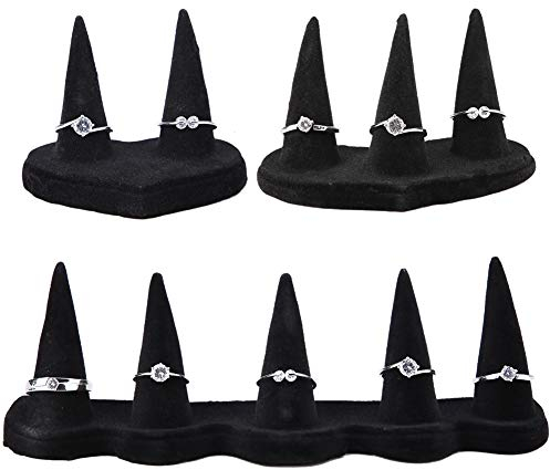 Betued Ringständer, Velet Finger Display, Ringhalter mit 2, 3 oder 5 Fingern Schmuckzubehör aus Holz und Samt Schwarz(3 Finger)