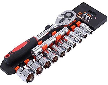 KATSU Juego de llaves de vaso de 1/2 , 12 piezas, accionamiento métrico de 10-24 mm con llave de trinquete de liberación rápida de 24 dientes y barra de extensión de 5, acero al cromo vanadio 420343