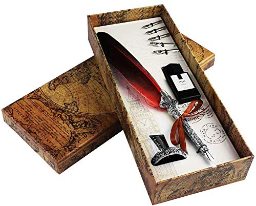 Federkiel, handgefertigtes Federkiel- und Tintenset, antikes Dip-Feder-Stift-Set, Kalligraphie-Stift-Set, Schreibfeder, Tintentauchstift mit Tintenstifthalter, Geschenkset, Rot