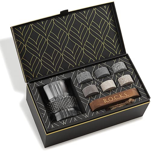 Coffret Pierres à Whisky et Verre en Cristal - 6 Pierres Artisanales Rondes en Granit - Verre à Whiskey Réserve (340ml) - Support Présentation en Bois - Elegant Cadeau Or à Chaud