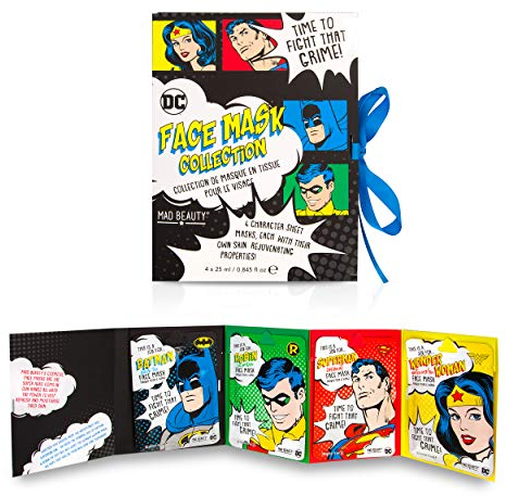 MAD Beauty DC Superhelden Gesichtsmaske Set: 4 Tuchmasken von Superman, Batman, Robin und Wonder Woman als Tuchmaske für eine gepflegte Haut, 4x25 ml