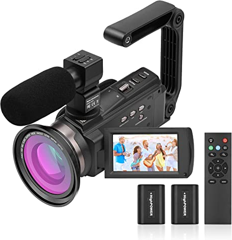 Andoer 4K Camcorder Videokamera 48MP 60FPS WiFi Camcorder 16X Digital Zoom, 3 IPS Touchscreen IR Nachtsicht Vlogging Kamera mit Mikrofon, Fernbedienung, 2 Batterien, Kameraobjektiv, Handgriff
