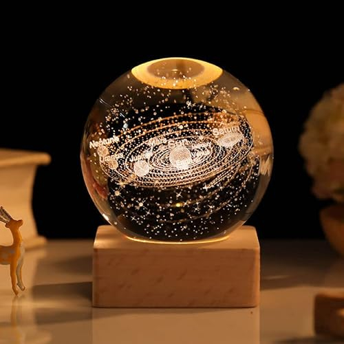 Zimuty 3D Crystal Ball, 3D Planets Model with Wooden Led Base, Solar System Space Galaxy Lamp, Home Decorative Ornament Astronomy Gifts, Night Light for Kids, 60mm (Solar System)