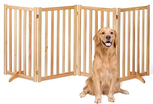 36 Height Extra Tall Freestanding Pet Gate, Solid Wood Folding Safety Fence Wooden Dog Gate with 2 PCs Support Feet Ideal for Stairs, Doorways, Halls, Kitchens, Heavy Duty Gates, 4 Panels, Oak