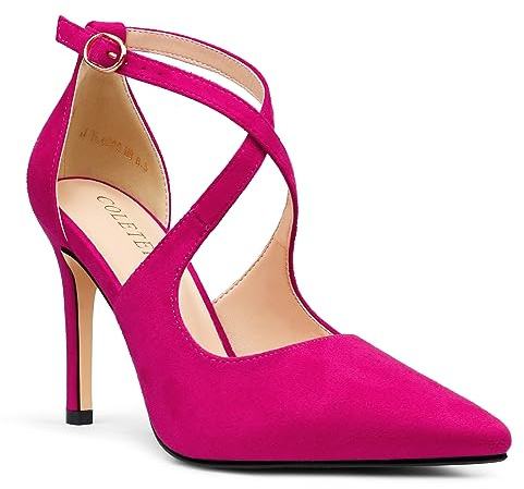 COLETER Womens 4 Pointed Toe D'Orsay Pumps Stilettos High Heel Crossed Ankle Strap Dress Shoes Hot Pink 6.5US