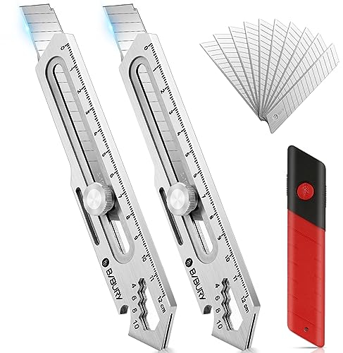 BIBURY Cúter - 2 Piezas cuchillos multiusos portátiles retractil, con 10 cuchillas SK5 de acero inoxidable, retractil con regla navaja de bolsillo para alfombras cortador de papel