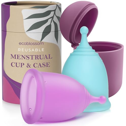 Ecoblossom Coppette mestruali riutilizzabili a prova di perdite - Silicone di grado medicale, sostenibili, ecocompatibili, con custodia. Confezione da 1 coppetta mestruale piccola e 1 grande