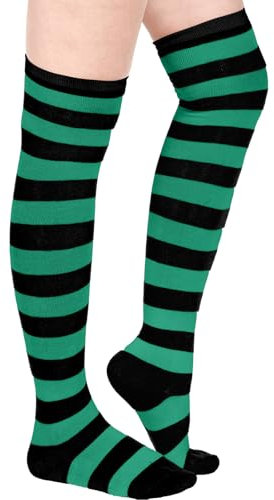 Blulu Überkniehohe Streifen Oberschenkel Socken für Damen Kostüm Halloween Party Zubehör Streifen Muster Strümpfe (Grün Schwarz)