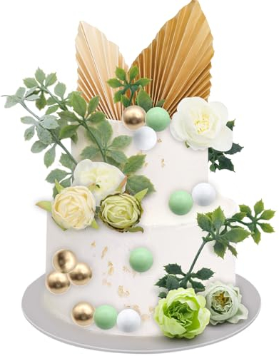 VEGCOO 29pcs Verte Décoration Gâteau, Bohème Décoration de Gâteau, Roses/Feuilles de Palmier/Balle Gâteau Topper pour Anniversaire, Mariage, DIY Decoration Gateau, Décorations de Fête