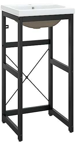 vidaXL Bathroom Washbasin Frame with Built-In Ceramic Basin - Black Iron Frame - Contemporary Design - Easy-Cleaning Features