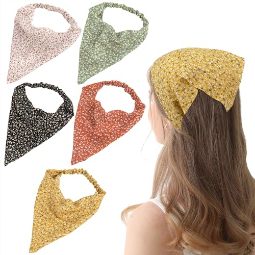 Pañuelos Elasticos Triangulares Bufanda Elástica para el Pelo Turbante Boho de Gasa para Mujeres Niñas 8 Piezas Estampado floral