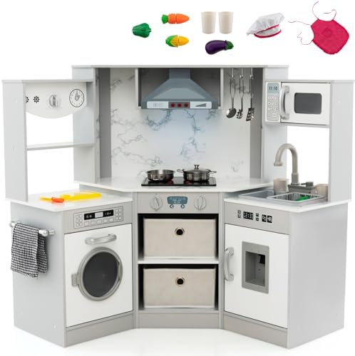 GYMAX Kids Corner Kitchen, Wooden Toy Kitchen with Sink, Stove, Microwave, Lighted Range Hood, Water Circulation, Water Dispenser & Washing Machine, Play Kitchen for 3 + Years Old (Gray+White)