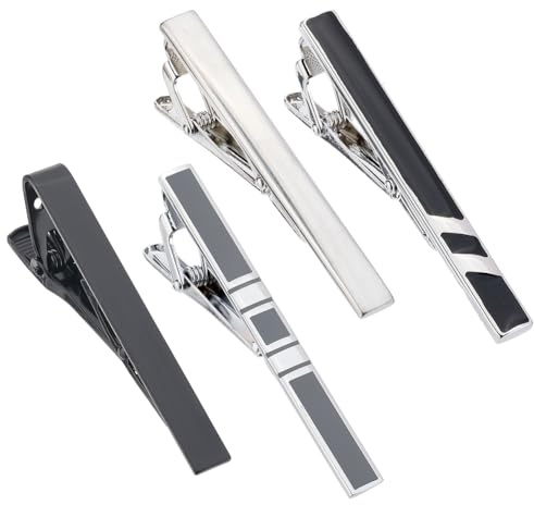 GORGECRAFT 4 Pinces à Cravate pour Hommes Pince à Cravate Classique Argentée et Noire Ensemble de Pinces à Cravate de Style Long Bords Carrés Épingles à Cravate Pinces Décontractées Mariage Affaires