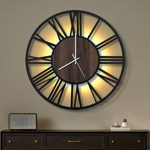 Maxstar Horloge Murale 50CM pour Salon sur Pile, Silencieuse sans Tic-Tac, Style Bois Métal, LED Moderne Chambre/Bureau (Chiffres Romains, Noir-20)