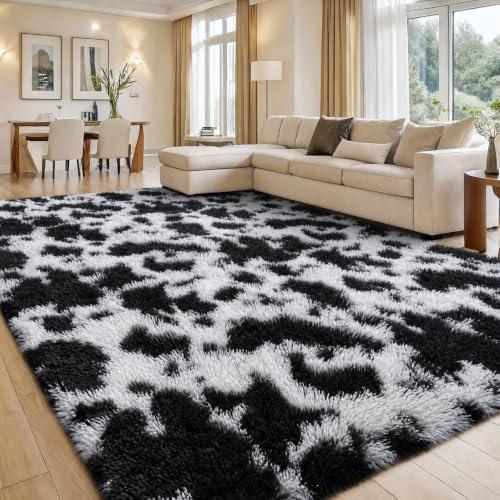 smiry Fluffy Shaggy Rugs Living Room 240x340cm, Milk Cow | Machine Washable Anti-Slip Fluffy Tie Dye Carpet, Large Soft Thick Floor Rug for Living Room Bedroom Nursery Kids Room