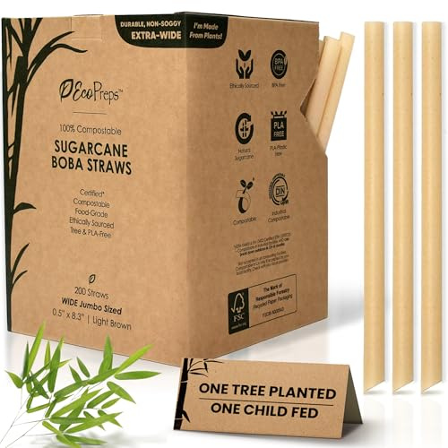 EcoPreps Biodegradable Jumbo Smoothie Straws, Sugarcane Boba Straws - 200 PCS, Extra Wide, 100% Compostable, Plastic-Free, Eco-Friendly Large Wide-Mouthed Straw - 8.25 Long Sugarcane Disposable Straw