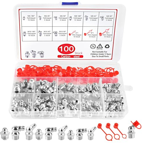 URAQT 100 Pcs Surtido de Rácores Engrasadores M6 M8 M10 Recto y en ángulo de 45° 90° Métricas Boquillas de Pistola Engrase de Niquelado, Surtido de engrasadores para Equipos Mecánicos Autos y camiones