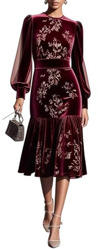 Blommig bodycon-klänning för kvinnor, elegant sammet, långärmad midi-klänning, formell fest, bröllop, gäst, cocktailklänningar, Vinrött, XXL