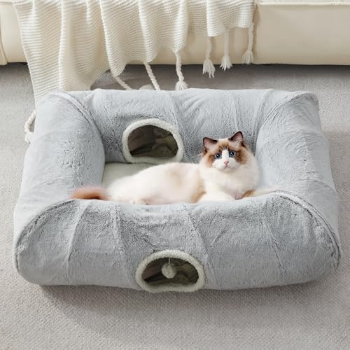 WINDRACING Cat Tunnel Bed for Indoor Cats - Cute Cat Tunnel Toy, Equipped with Washable mats, Square pet Hide and Seek cat cave Toy, Suitable for Kittens/Puppies/Rabbits, (Grey XL:39X30X11)