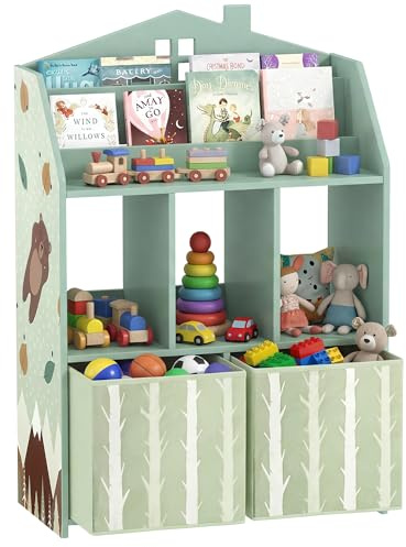 AIYAPLAY Scaffale Portagiochi Bambini, Libreria Montessoriana Bambini in Legno, 2 Contenitori Rimovibili in Tessuto e Ripiani, Mobile Scaffale Porta Giocattoli per Cameretta, 62.5x30x91.5cm Verde