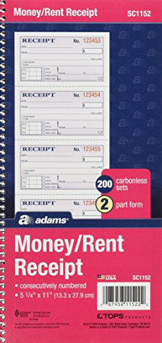 Adams Money and Rent Receipt Book, 2-Part Carbonless, 5-1/4 x 11, Spiral Bound, 200 Sets per Book, 4 Receipts per Page (SC1152) (Pack of 25)