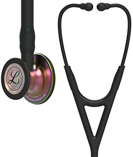 3M Littmann Cardiology IV Stethoskop für die Diagnose, 6165, regenbogenfarbenes Bruststück, Schlauch, Schlauchanschluss und Ohrbügel in Schwarz, 69 cm
