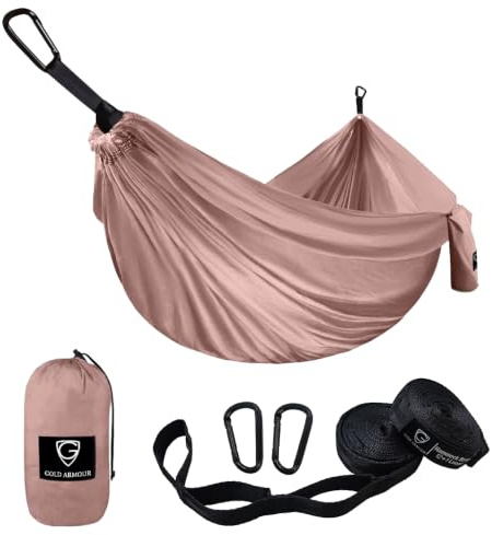 Gold Armour Camping Hammock - XL Double Hammock Portable Hammock Camping Accessories Gear for Outdoor Indoor with Tree Straps, USA Based Brand (Rose Gold)