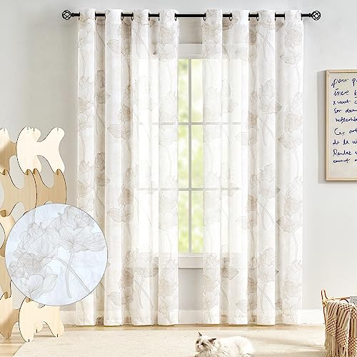 Treatmentex Gardinen Transparente Taupe weiße Lotus-Druck Vorhänge mit Ösen Weiche Chiffon Voile Gardinen mit Blumenmuster Fenstervorhänge für Wohnzimmer Schlafzimmer-2 Stücke(Taupe,140 x 180cm)