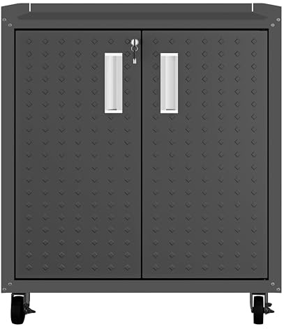 Manhattan Comfort Fortress Textured Metal 31.5 Garage Mobile Cabinet with 2 Adjustable Shelves in Charcoal Grey