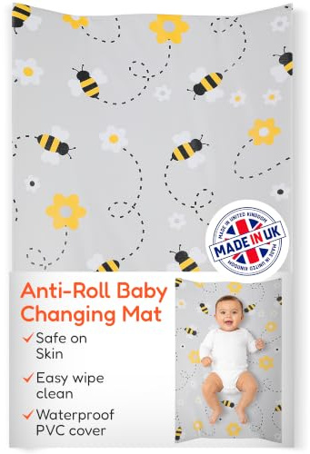 Babycurls Deluxe Anti-Roll PVC Wedge Nappy Baby Changing Mat with Curved Sides and Raised Edges for Babies from Birth Upwards Wipe Clean and Waterproof 69 x 45 x 8cm (Grey Bee)
