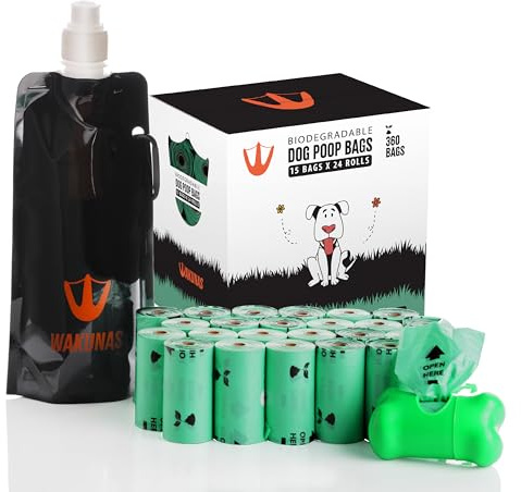 WAKUNAS - Sacchetti Cane Cacca, 360 Pezzi, con Bottiglia d'Acqua Pieghevole per la Pipi e Porta Sacchetti. Extra Spesso, biodegradabile. Borsa per Escrementi di Animali Domestici.