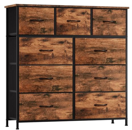 Somdot Commode Chambre, Commode en Tissu avec Cadre en Acier, Meuble de Rangement pour Salon Couloir Entrée, 30P x 100L x 99H (9 Tiroirs), imprimé Grain de Bois