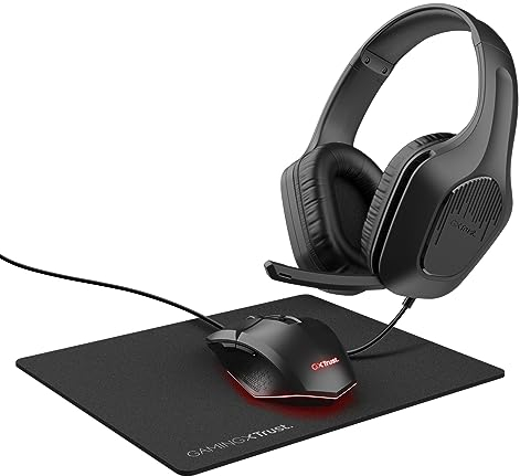 Trust Gaming GXT 790 Tridox Pack PC Gamer 3-en-1 - Casque Léger avec Transducteurs 50 mm, Audio Jack 3.5 mm, Souris Gamer Filaire 200-6400 DPI, Tapis de Souris, Kit PC, Ordinateur Portable - Noir