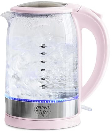 GreenLife 1.7 Liter Glass Electric Kettle, Easy One Touch Use, Quick Heating, Filtered Spout, LED Base, Auto Shut-Off, Cordless Serving, Coffee and Tea, Pink