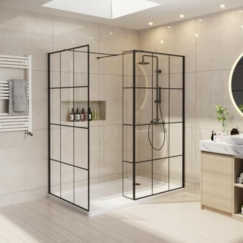 NRG Grid Wet Room Walk in Glass Screen Panel Shower Enclosure 2 Pieces of 8mm Easy Clean Screen (1400x1950mm+1400x1950mm) + 215mm Return Panel - Black Profile