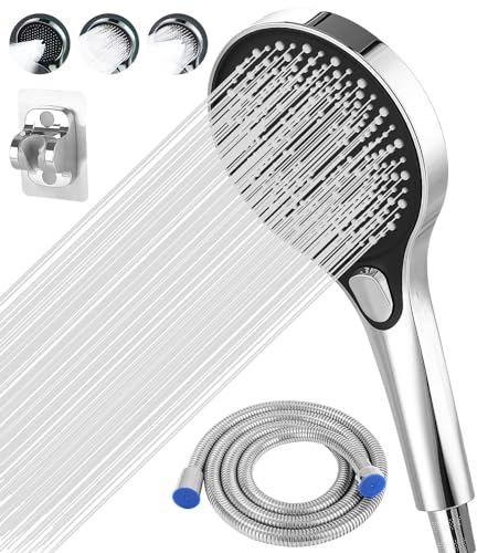 Soffione Doccia Alta Pressione Grande (130 mm) Con Tubo 1,5M, 3 Tipi di Getto, Risparmio Idrico