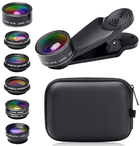 Phone Camera Lens, Phone Lens Kit, 7 in 1 Kit with 198° Universal Fisheye Lens+0.63x Wide Angle Lens+15x Macro Clip Lens+2X Telephoto+CPL Polarised+Kaleidoscope+Starlight, for Most Smartphone