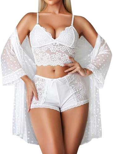 RSLOVE - Conjunto de lencería femenina sexy - ropa interior de encaje, camisón para mujer, 3 piezas, con vestido de 3 piezas, con vestido