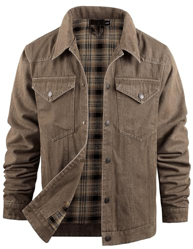 Rousytn Men's Flannel Lined Denim Jackets Cowboy Cut Western Vintage Rugged Jean Trucker Jacket with Pockets(Brown-S)