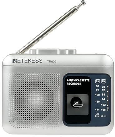 Retekess TR606 Reproductor de Casetes Pequeño,FM Am Radio,Radio Cassette Portátil, Jack de Auriculares de 3,5 mm, Graba en Casete y PC,Regalos Entre Amigos (Plata)