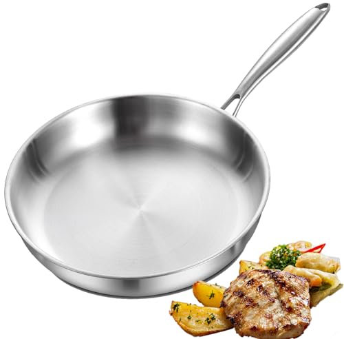 DELARLOCHEF Padella in acciaio inox a tre strati,28 cm,non rivestita,padelle per induzione,pentole ad alta e ottima efficienza energetica per steak,uova,11 pollici