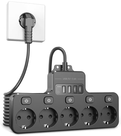 VIPWELL Steckdosenleiste Schaltbar mit USB - 5 Fach Steckdose 2 USB C und 2 USB A Anschlüsse - Verlängerungskabel 2m Mehrfachsteckdose - für Homeoffice, Café-Stand, Nachttisch, Büro und Gaming