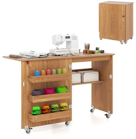 GIANTEX Tavolo da Cucito Pieghevole con Ruote, Mobile per Macchina da Cucire con 4 Ripiani Aperti e Ampio Piano di Lavoro, Ideale per Soggiorno, Camera da Letto e Sala Hobby (Naturale)