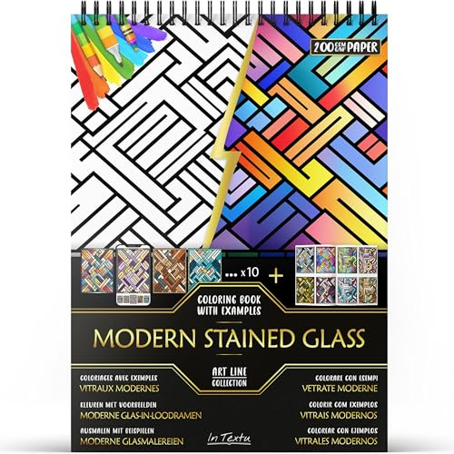 In Textu Livre de Coloriage Adulte Vitraux Modernes, Papier 200 g/m² | Reliure spirale, A4, qualité premium, 30 dessins, 300 modèles couleur, pour crayons et marqueurs Acrylique|Alcool|Eau