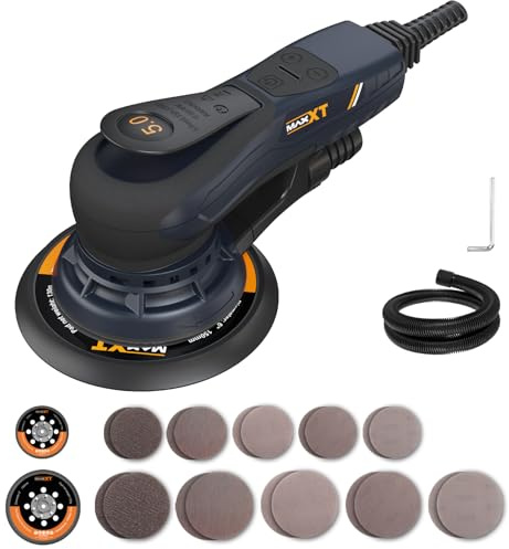 Smerigliatrice elettrica MAXXT senza spazzole da 350 W - Levigatrice orbitale 5.0 con dischi da 150 e 125 mm, attacco a tre punti, 4000-10000 giri/min (6 livelli), con 20 fogli