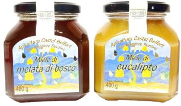 Apicoltura Castel Belfort - Pack da 2x400gr Miele di Melata di Bosco e Miele di Eucalipto 100% Italiano, Lavorato a Freddo,Artigianale, Ideale per Merende, Formaggi e Dolci, 400 g