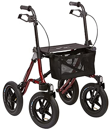 BYUP Rollator Taima XC | Luftbereifung | Geländerollator | Outdoor Rollator | Rot | 8,2 kg | 150 kg Tragkraft | Faltbar | Aluminiumrahmen | 85-95 cm höhenverstellbar